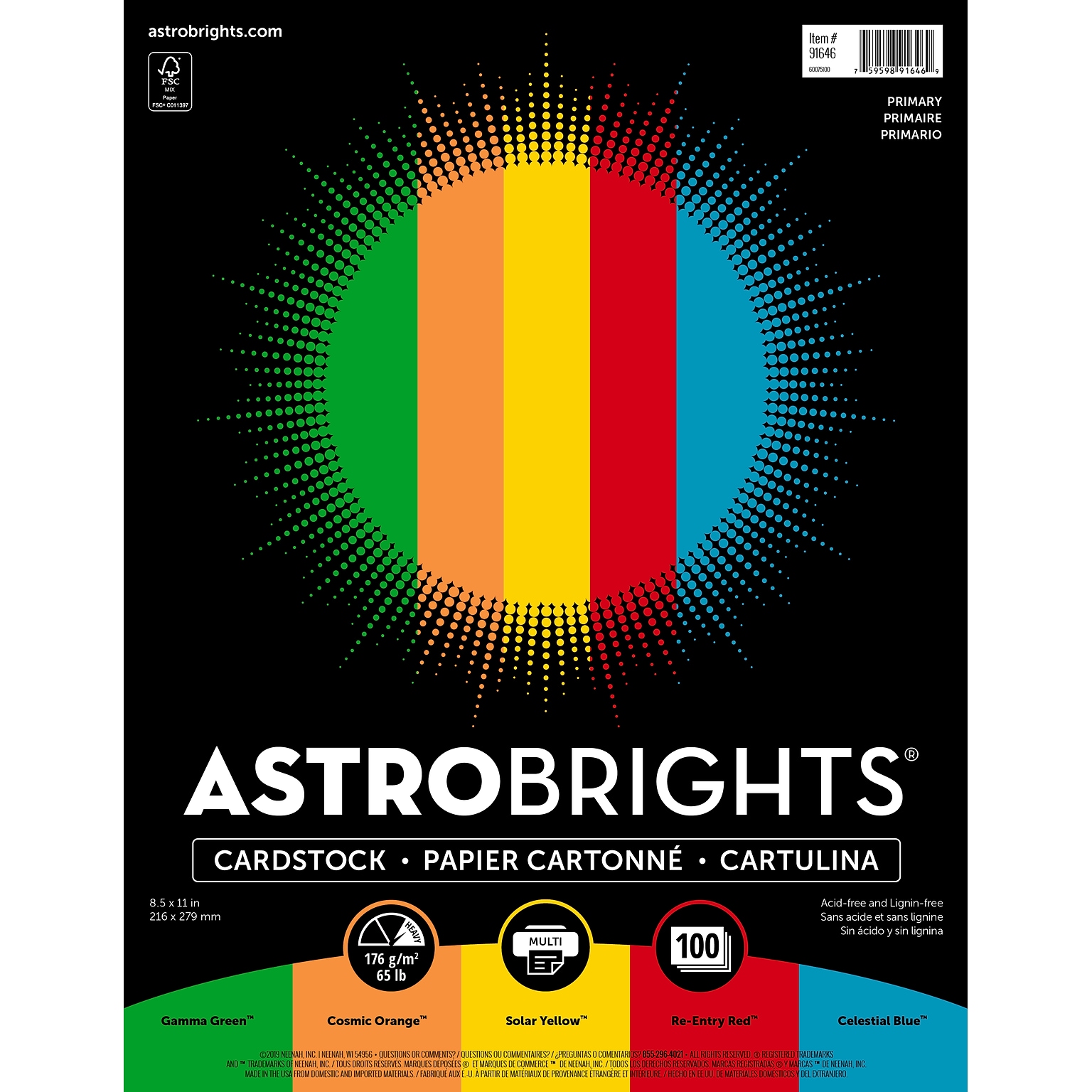 Astrobrights Colored Cardstock, 8.5 x 11, 65 lbs, Primary Assortment, 100/Pack (91646)