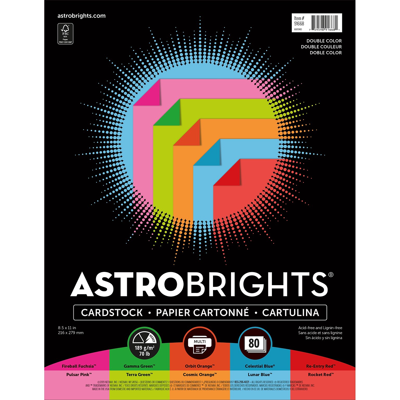 Astrobrights 70 lb. Cardstock Paper, 8.5 x 11, Assorted Colors, 80 Sheets/Ream (91668)