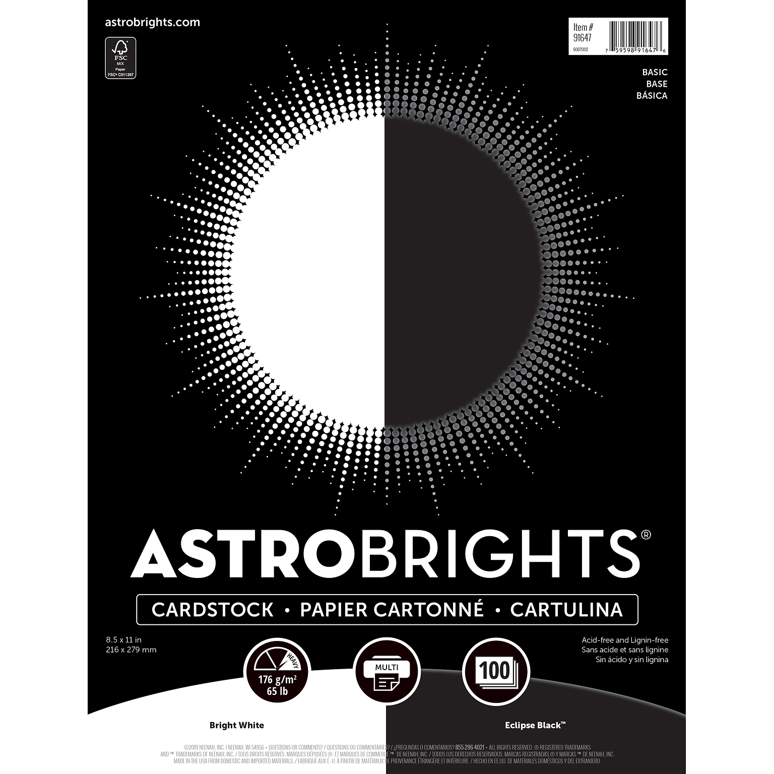 Astrobrights 65 lb. Cardstock Paper, 8.5 x 11, Black/White, 100 Sheets/Ream (91647)