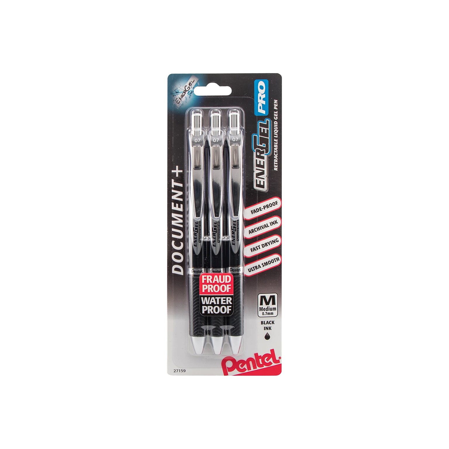 Pentel EnerGel Pro Retractable Gel Pen, Medium Point, Black Ink, 3/Pack (BLP77BP3A)