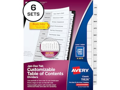 Avery Ready Index Table of Contents Paper Dividers, Jan-Dec Tabs, White, 6 Sets/Pack (11826)