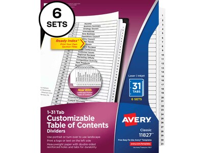 Avery Ready Index Table of Contents Paper Dividers, 1-31 Tabs, White, 6 Sets/Pack (11827)