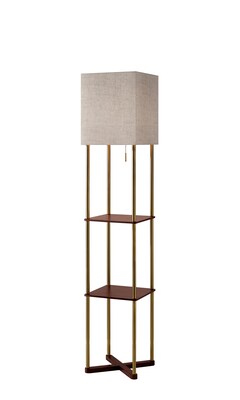 Adesso® Harrison 62.25H Antique Brass and Walnut Shelf Floor Lamp with Square Fabric Shade and USB