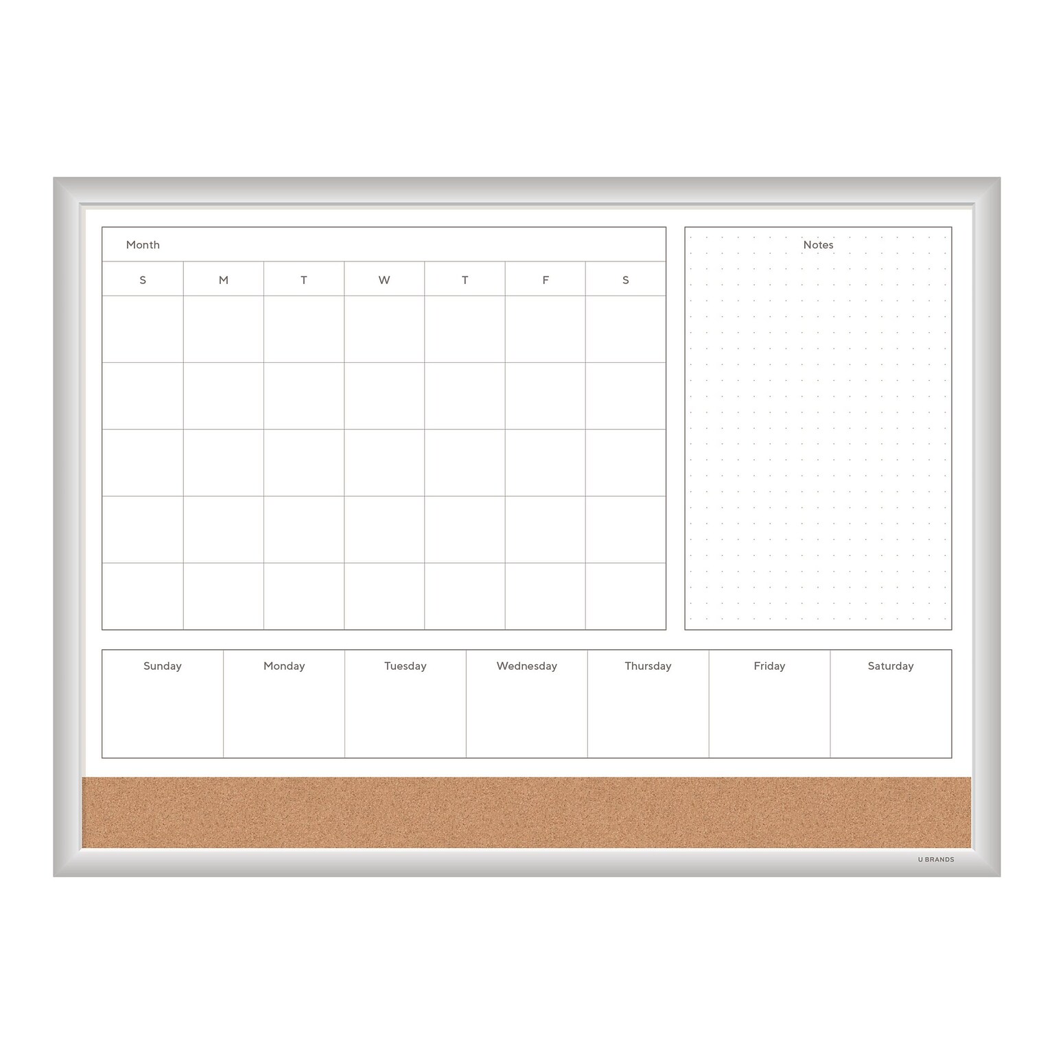 U Brands 4N1 Magnetic Cork & Dry-Erase Calendar Whiteboard, Aluminum Frame, 2 x 1.5 (3890U00-01)