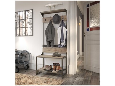 Bush Furniture Refinery Hall Tree With Shoe Storage Bench, Rustic Gray/Charred Wood (RFY012RG)