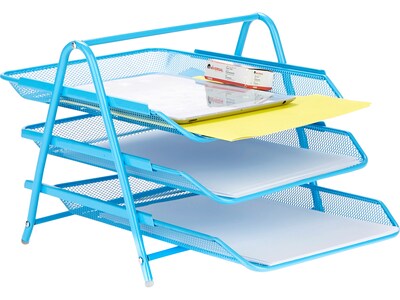 Mind Reader 3 Tier Stackable Front Loading Letter Tray, Blue Metal (3TPAPER-BLU)