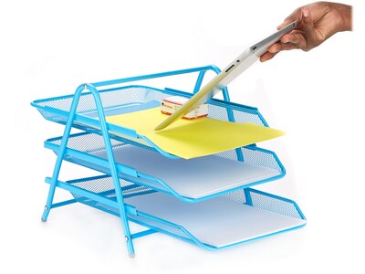 Mind Reader 3 Tier Stackable Front Loading Letter Tray, Blue Metal (3TPAPER-BLU)