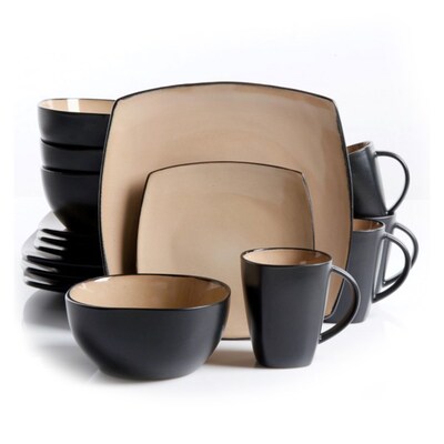 Gibson Home Soho Lounge 16 Piece Square Stoneware Dinnerware Set in Black and Taupe 93567568M