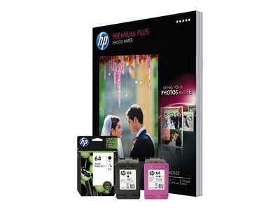 HP 64 Black/Tri-Color Standard Yield Ink Cartridge with Photo Paper, 2/Pack (4WN14A)