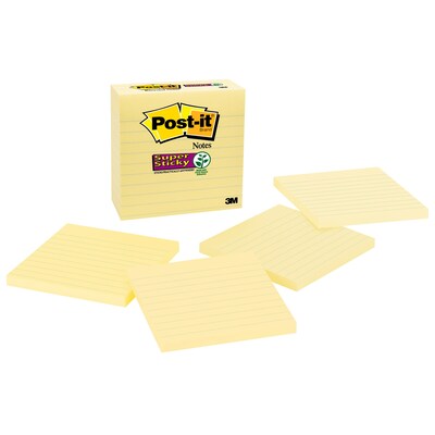 Post-it® Super Sticky Notes, 4 x 4 Canary Yellow, Lined, 90 Sheets/Pad, 4 Pads/Pack (675-4SSCY)