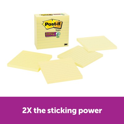 Post-it® Super Sticky Notes, 4" x 4" Canary Yellow, Lined, 90 Sheets/Pad, 4 Pads/Pack (675-4SSCY)