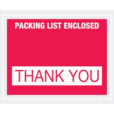 Tape Logic® "Packing List Enclosed - Thank You" Envelopes, 4 1/2" x 5 1/2", Red, 1000/Case (PL480)