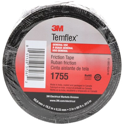 3M 1755 Cotton Friction Tape, 3/4 x 60, Black, 10/Case (T964175510PK)