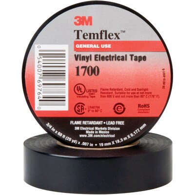 3M 1700 Electrical Tape, 7 Mil, 3/4 x 60, Black, 100/Case (T9641700)