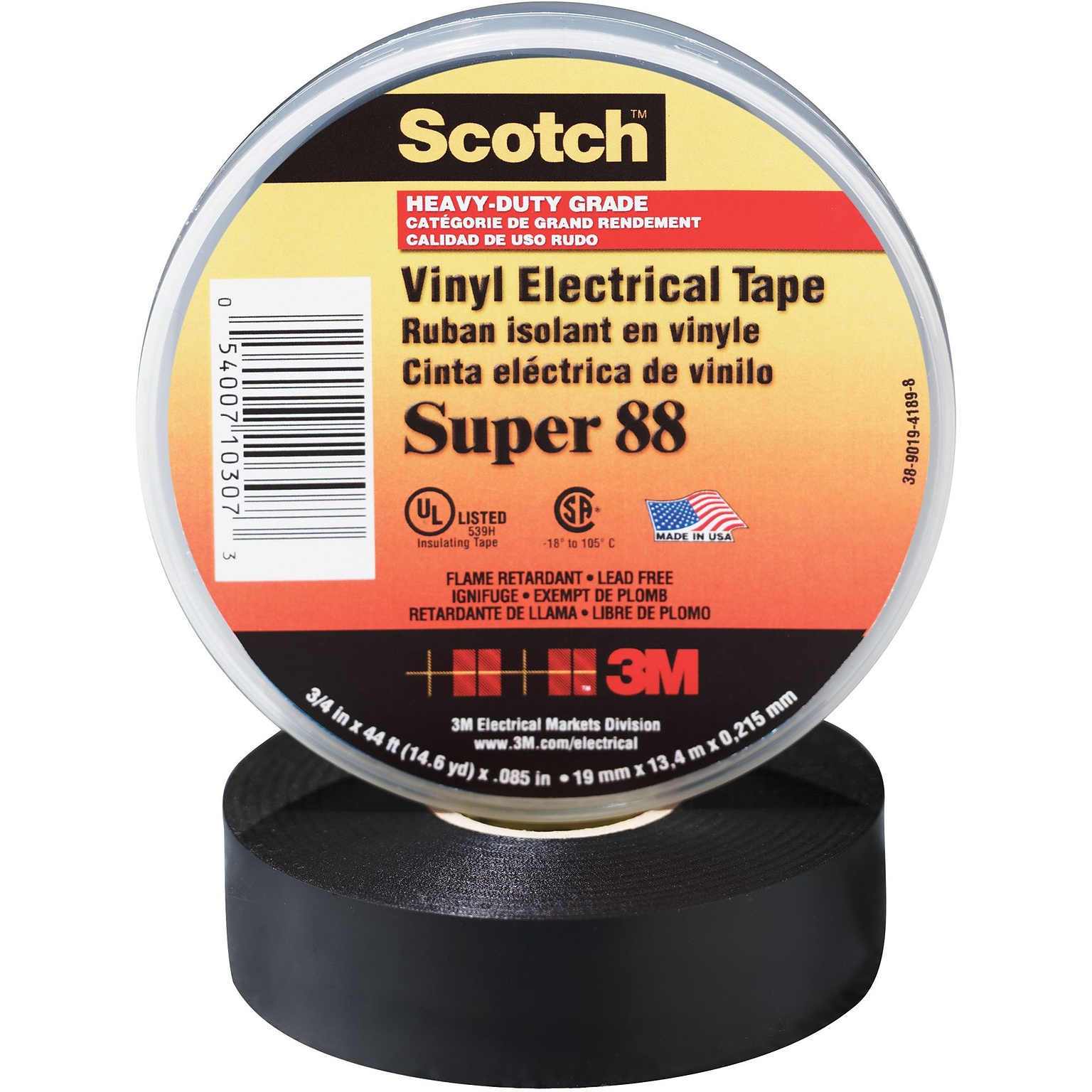 3M Super 88 Electrical Tape, 3/4 x 22 yds., Black, 10/Case (T96408810PK)