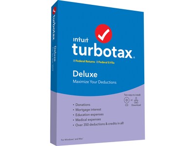 Intuit TurboTax Deluxe Fed and E-File 2019 for 1 User, Windows and Mac, CD w/ Download (607320)