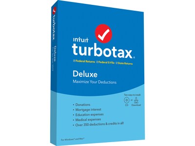 Intuit TurboTax Deluxe Fed and E-File State 2019 for 1 User, Windows and Mac, CD w/ Download (607312)
