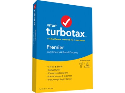 Intuit TurboTax Premier Fed and E-File State 2019 for 1 User, Windows and Mac, CD w/ Download (607345)