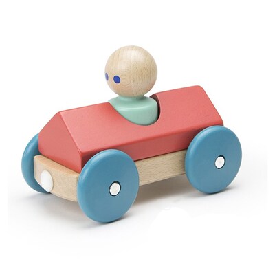 Tegu Magnetic Racer Wood Building Block Set, Poppy, Ages 12 months+ (TEGMRDPTL801T)