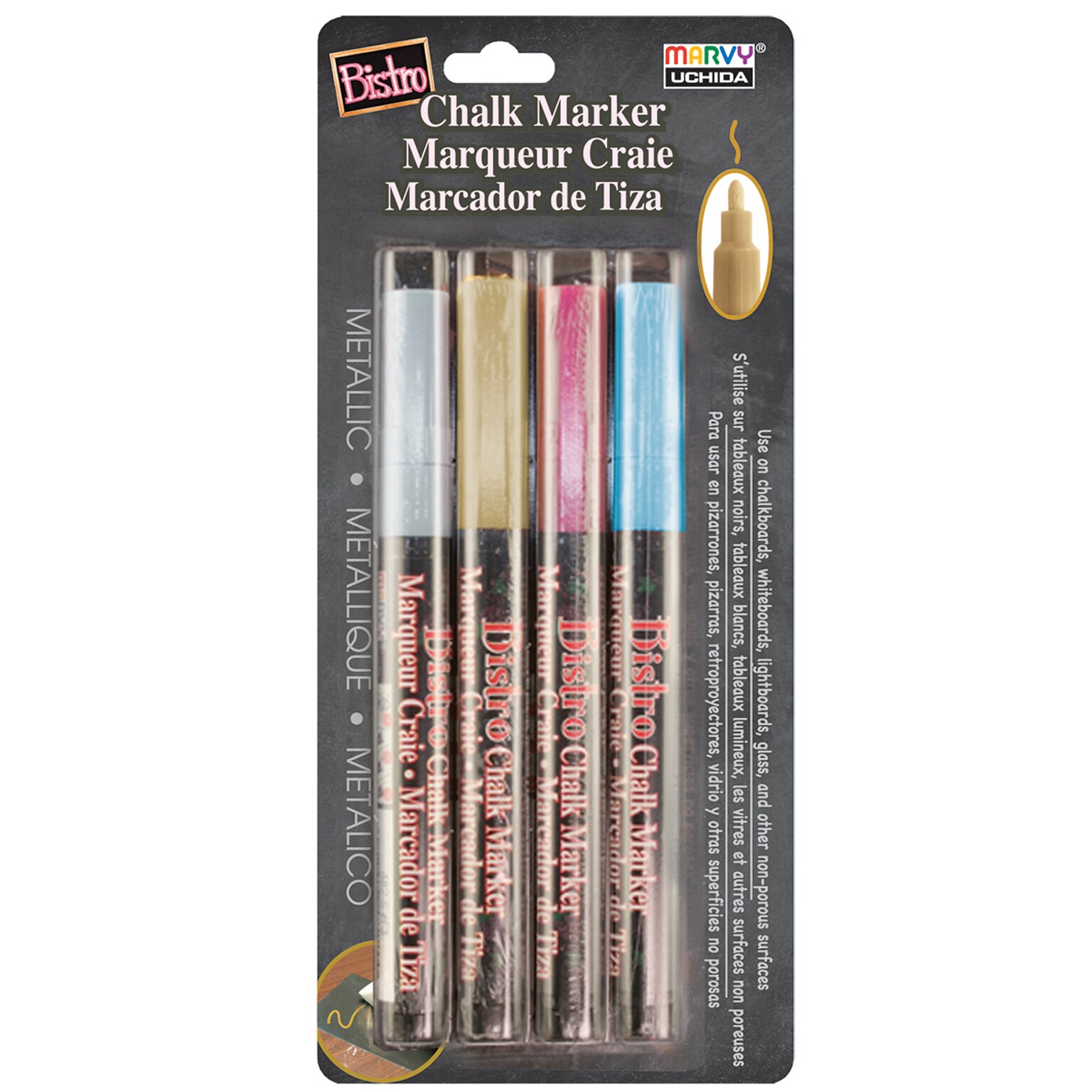 Uchida Bistro Chalk Markers, Fine Tip, Assorted Metallic Colors, 4/Set (UCH4824M)