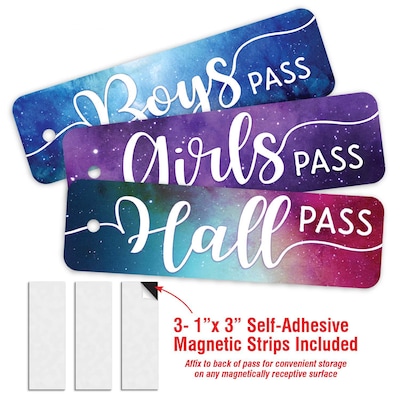 TopNotch Teacher Products® Plastic Magnetic Hall Pass, 2 1/4L x 7 3/4W, Galaxy Script, Set of 3 (TOP10188)