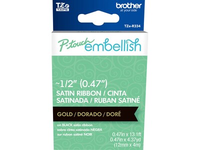 Brother P-Touch Embellish TZe R334 Label Maker Tape, 1/2W, Gold on Black