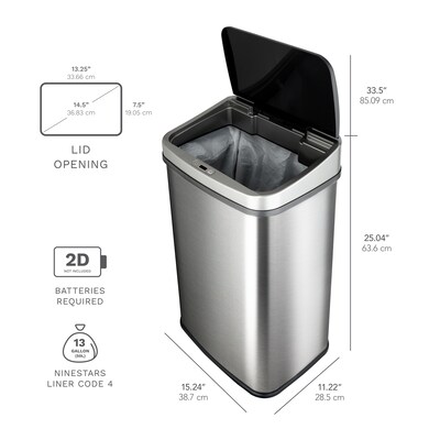 Nine Stars Stainless Steel Motion Sensor Trash Can, 13.2 Gallon, Silver (DZT-50-28BR)