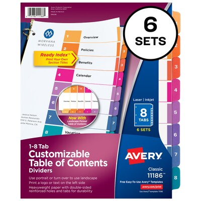 Avery Ready Index Table of Contents Paper Dividers, 1-8 Tabs, Multicolor, 6 Sets/Pack (11186)