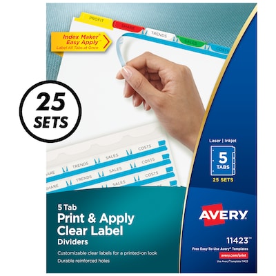Avery Index Maker Paper Dividers with Print & Apply Label Sheets, 5 Tabs, Multicolor, 25 Sets/Pack (11423)