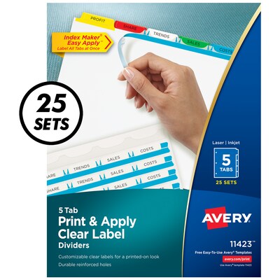 Avery Index Maker Paper Dividers with Print & Apply Label Sheets, 5 Tabs, Multicolor, 25 Sets/Pack (11423)