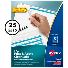 Avery Index Maker Unpunched Paper Dividers with Print & Apply Label Sheets, 5 Tabs, White, 25 Sets/P