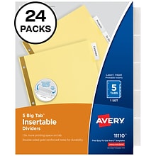 Avery Big Tab Insertable Paper Dividers, 5 Tabs, Buff with Clear Tabs, 24 Sets/Pack (11113)