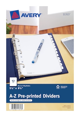 Avery Mini A - Z Paper Divider, 12-Tab, White, Set (11313)