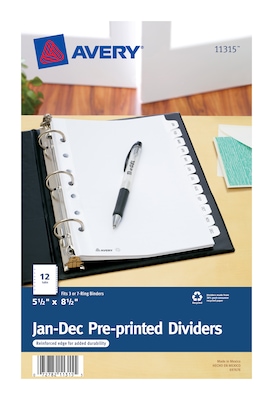 Avery Pre-Printed Mini Paper Dividers, Jan-Dec Tabs, White (11315)