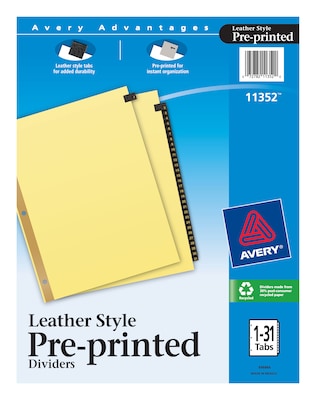 Avery Leather Style Pre-Printed Daily Tab Paper Dividers, 31 Tabs, Buff with Black Tabs (11352)