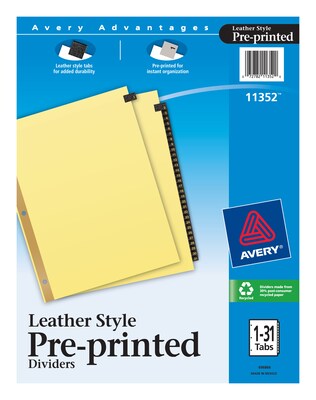 Avery Leather Style Pre-Printed Daily Tab Paper Dividers, 31 Tabs, Buff with Black Tabs (11352)