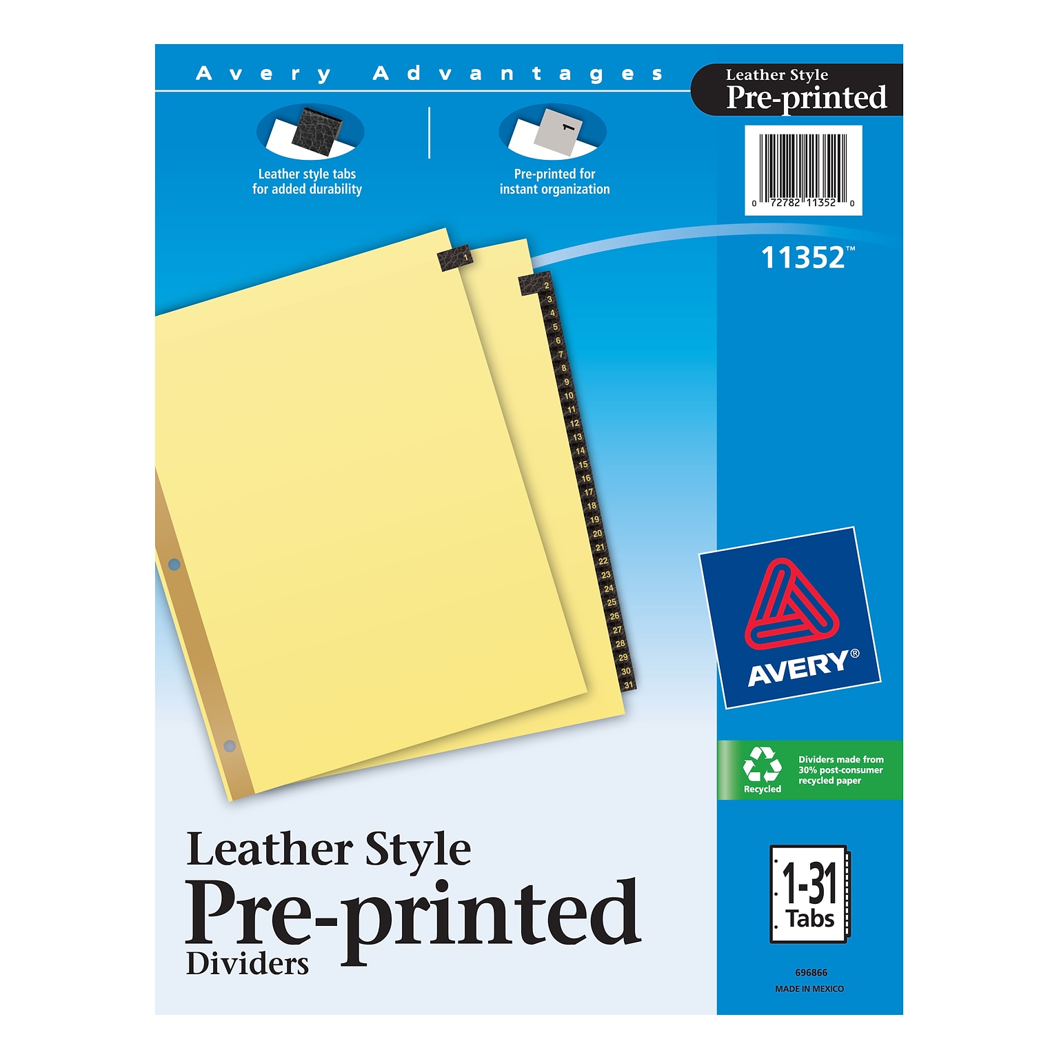 Avery Leather Style Pre-Printed Daily Tab Paper Dividers, 31 Tabs, Buff with Black Tabs (11352)