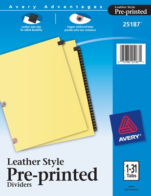 Avery Leather Style Paper Dividers, 31-Tab, Buff with Black Tabs (25187)