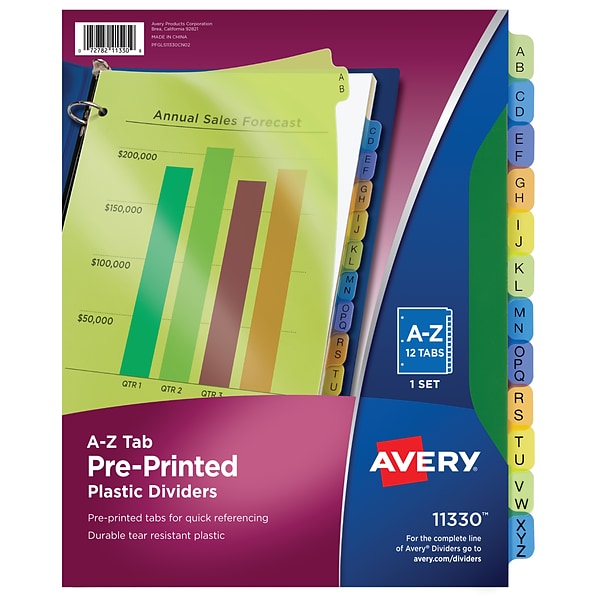 Avery A-Z Plastic Dividers, 12-Tab, Multicolor (11330)