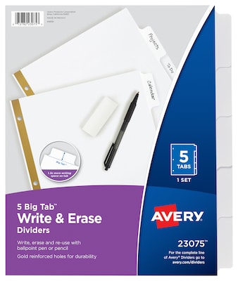 Avery Big Tab Write & Erase Paper Dividers, 5 Tabs, White, Gold Reinforced (23075)