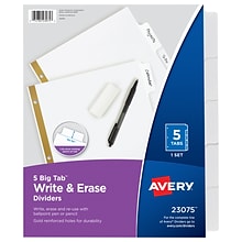 Avery Big Tab Write & Erase Paper Dividers, 5 Tabs, White, Gold Reinforced (23075)