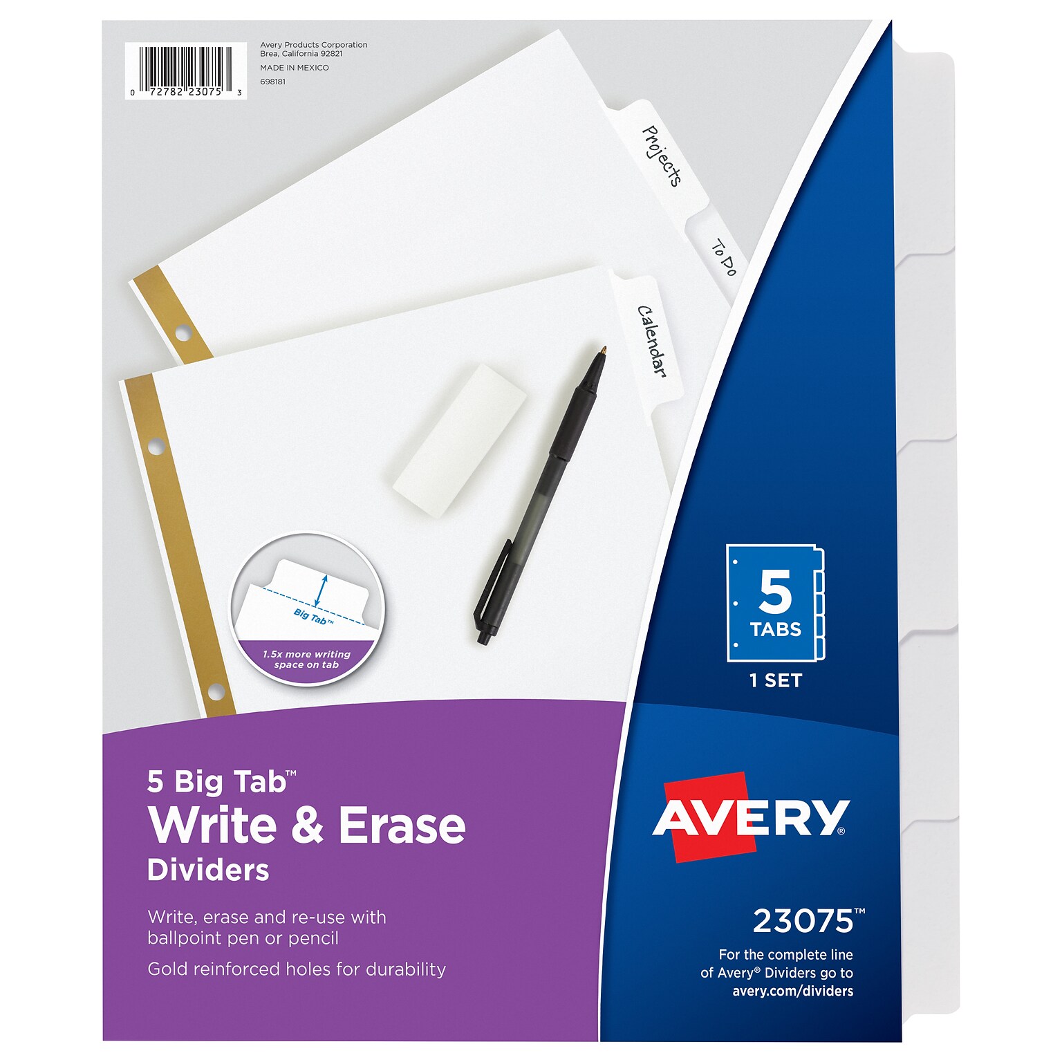 Avery Big Tab Write & Erase Paper Dividers, 5 Tabs, White, Gold Reinforced (23075)