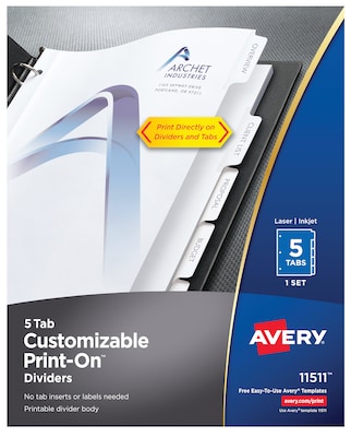 Avery Print-On Paper Dividers, 5 Tabs, White (11511)