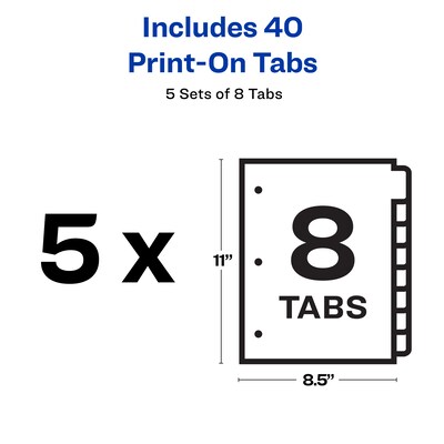 Avery Print-On Paper Dividers, 8 Tabs, White, 5 Sets/Pack (11552)