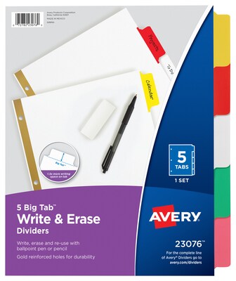 Avery Big Tab Write & Erase Paper Dividers, 5 Tabs, Multicolor, Gold Reinforced (23076)