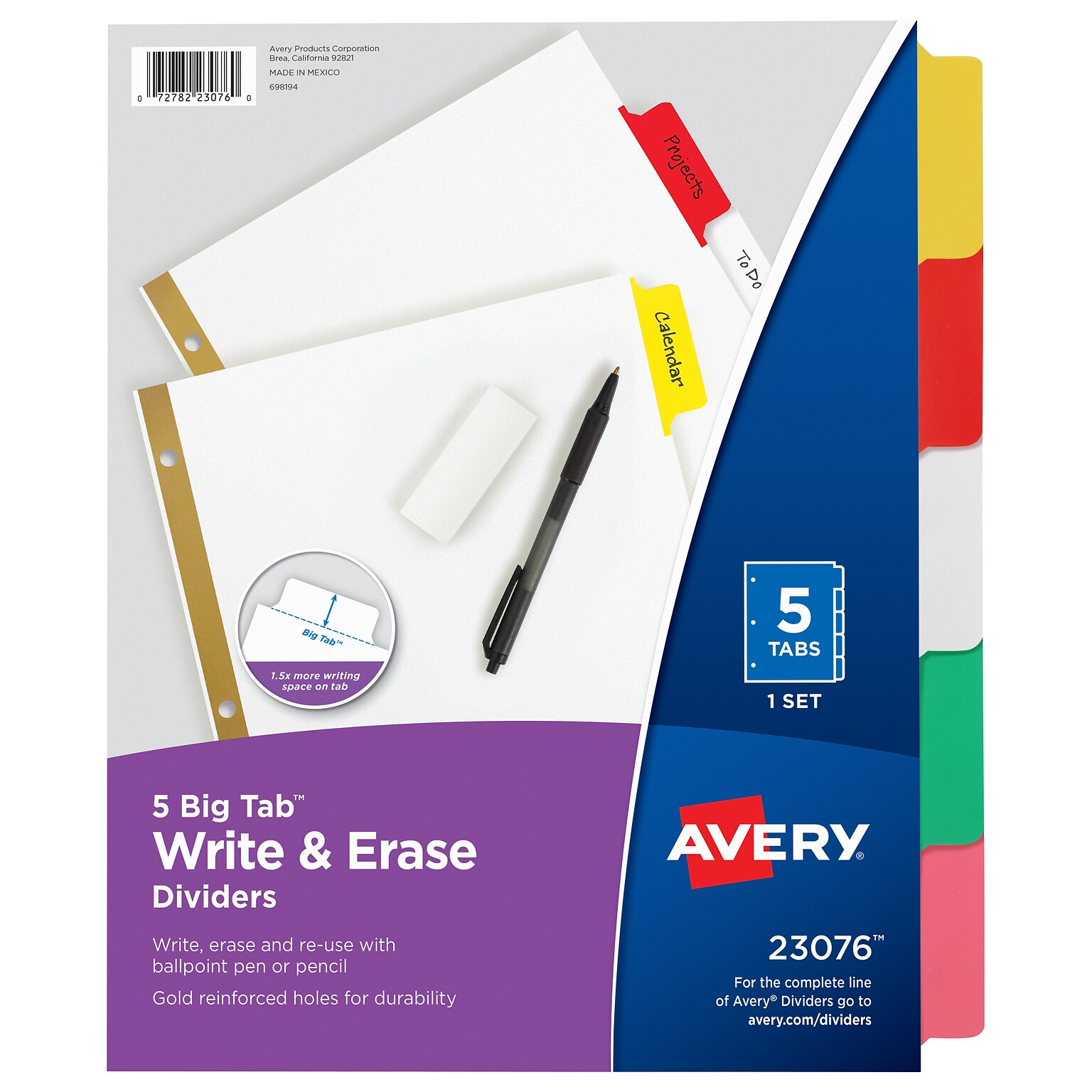 Avery Big Tab Write & Erase Paper Dividers, 5 Tabs, Multicolor, Gold Reinforced (23076)