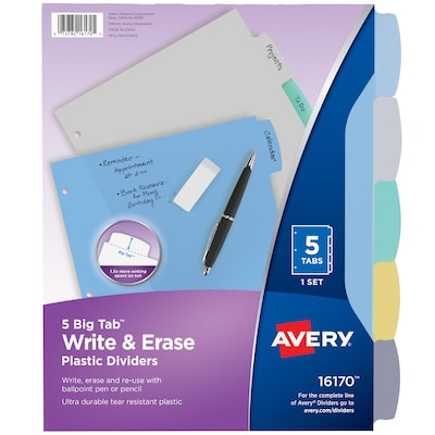 Avery Big Tab Write & Erase Plastic Dividers, 5 Tabs, Multicolor (16170)