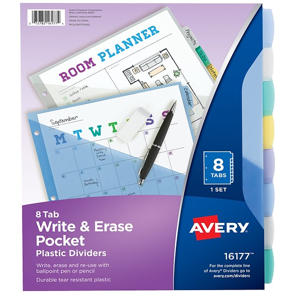 Avery Write & Erase Plastic Dividers, 8-Tab, Multicolor (16177)