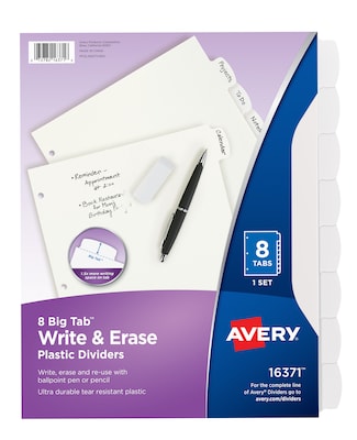 Avery Big Tab Write & Erase Plastic Dividers, 8 Tabs, White (16371)