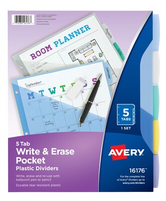 Avery Write & Erase Plastic Dividers with Pockets, 5-Tab, Multicolor Tabs (16176)